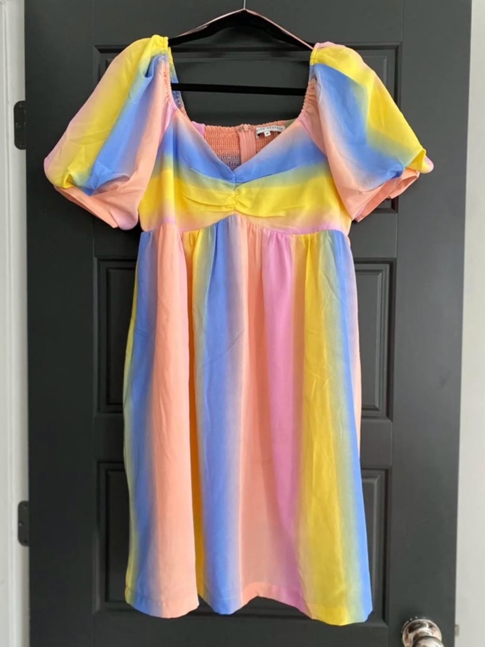 English Factory Rainbow Pastel Mini Dress M Puff Sleeve Smocked Back Pockets